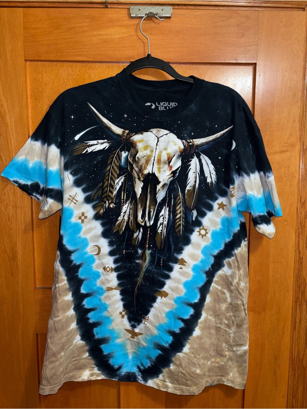 Vintage Liquid Blue Tie Dye T-Shirt Bison Skull Native American 2003 Large - Picture 2 of 5